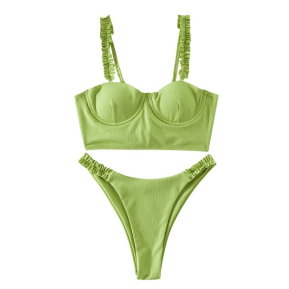 Ribbed Lace Up Frilled Bikini Swimsuit -Green L/XL